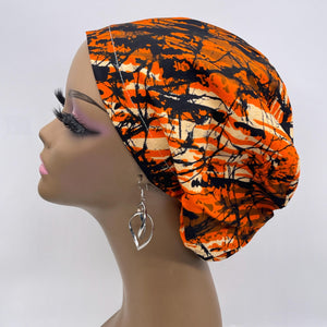 Niceroy Satin Lined surgical SCRUB HAT CAP, Orange Black Fall Europe Euro style nursing caps, healthcare hats protective hair covers, nurse gift.