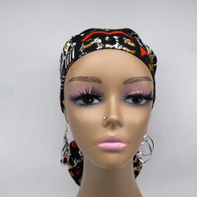 Load image into Gallery viewer, Ponytail hat PONY SCRUB CAP, yellow black brown orange surgical scrub hat nursing caps and satin lining option for locs, braid, long hair