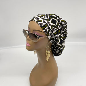 Niceroy surgical SCRUB HAT CAP,  Ankara Europe style nursing caps black green white African print fabric and satin lining option.