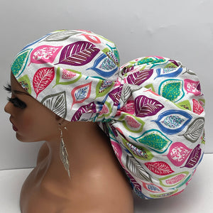 2XL JUMBO PONY SCRUB Cap, colorful leaves Cotton fabric surgical nursing hat satin lining option for Extra long/thick Hair/Locs