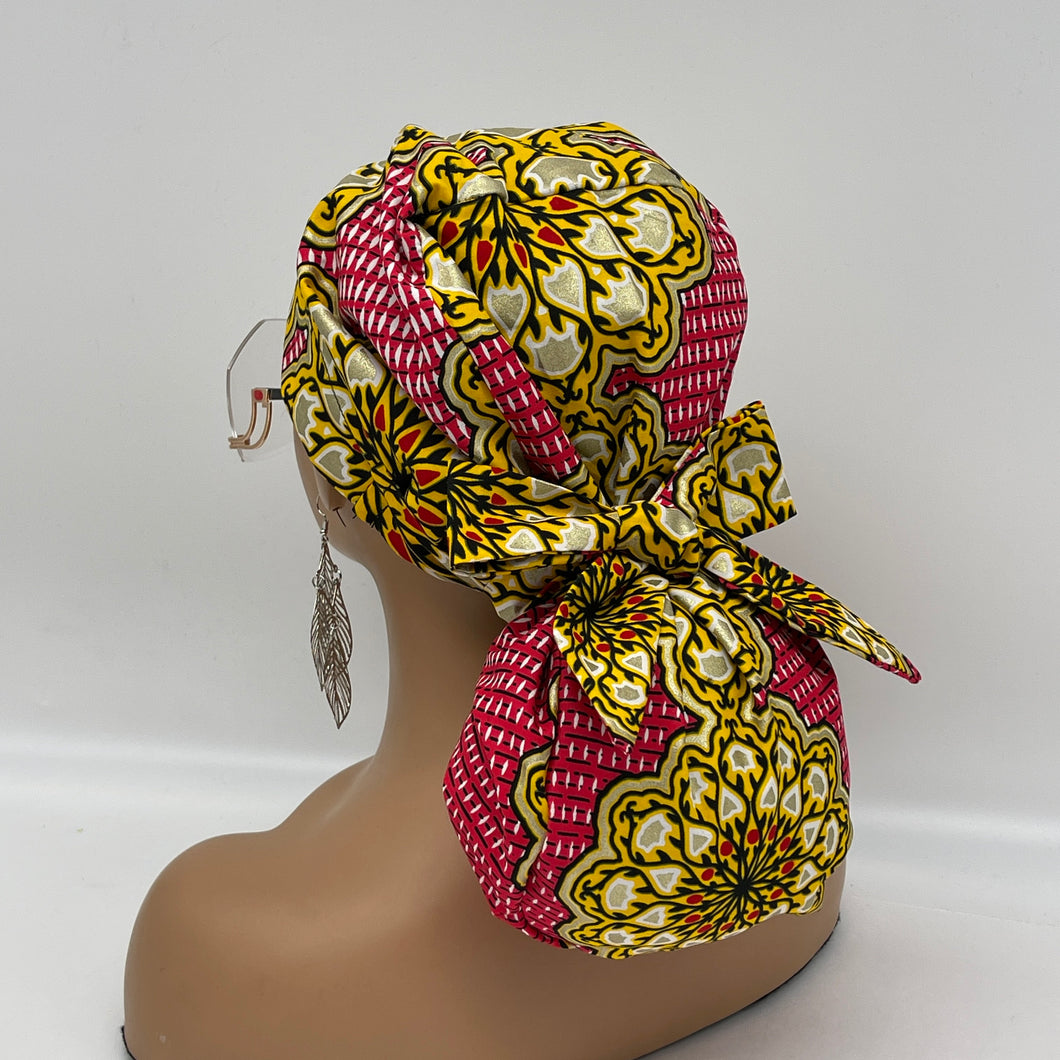 Ponytail Satin Lined PONY SCRUB CAP, Pink Yellow Gold off white Ankara fabric surgical scrub hat  nursing caps for locs/Long Hair