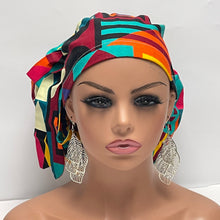 Load image into Gallery viewer, 2XL JUMBO PONY SCRUB Cap, Geometric cotton fabric surgical nursing hat satin lining option for Extra long/thick Hair/Locs