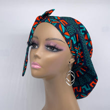 Load image into Gallery viewer, Ponytail hat PONY SCRUB CAP, black teal green orange surgical scrub hat nursing caps and satin lining option for locs, braid, long hair