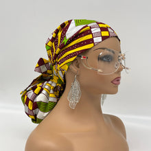 Load image into Gallery viewer, Ponytail Satin Lined PONY SCRUB CAP, Green Yellow maroon Ankara fabric surgical scrub hat  nursing caps for locs/Long Hai