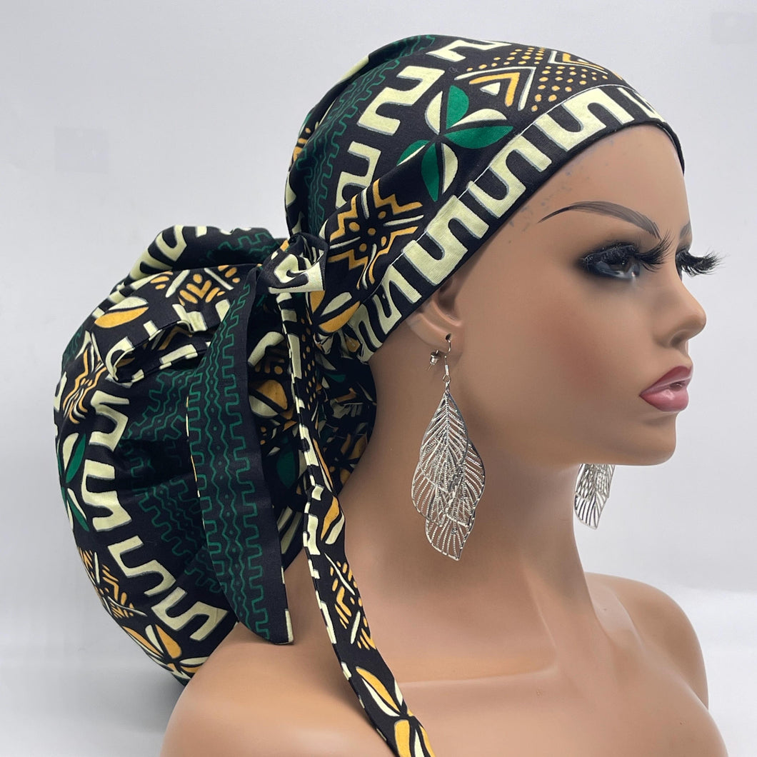 2XL JUMBO PONY Scrub Cap, Black green cream surgical nursing hat and satin lining option for Extra long/thick Hair/Locs
