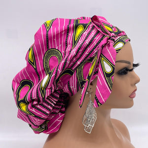 Ponytail PONY SCRUB CAP, pink and yellow Ankara cotton fabric surgical scrub hat nursing caps, satin lining option for locs /Long Hair