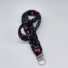 Load image into Gallery viewer, Handmade Cotton Scrunchie Lanyard and Keychain : cherries Teacher, nurse ID Badge Holder