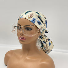 Load image into Gallery viewer, Ponytail Ankara PONY SCRUB CAP, feathers cotton fabric surgical scrub hat nursing caps and satin lining option for locs /Long Hair