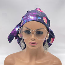 Load image into Gallery viewer, 2XL JUMBO PONY SCRUB Cap, purple solar system fabric surgical nursing hat satin lining option for Extra long/thick Hair/Loc