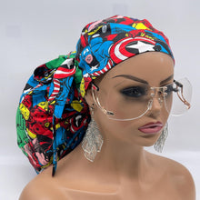 Load image into Gallery viewer, 2XL JUMBO PONY SCRUB cap. Marvel characters cotton fabric surgical nursing hat satin lining option for Extra long/thick Hair/Locs