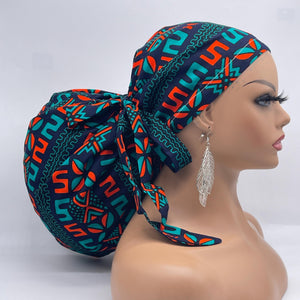 2XL JUMBO PONY Scrub Cap, Black teal orange surgical nursing hat and satin lining option for Extra long/thick Hair/Locs