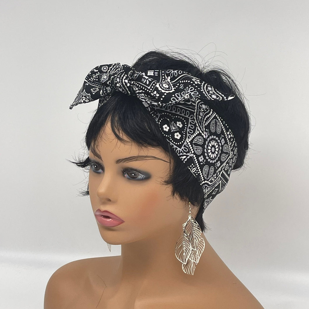 Niceroy Retro Multipurpose head neck scarf, black and white cotton scarf, vintage style scarf