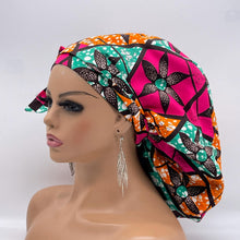 Load image into Gallery viewer, Ponytail SCRUB CAP pink and green cotton fabric surgical scrub hat nursing caps, satin lining option for long hair