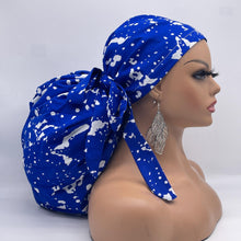 Load image into Gallery viewer, 2XL JUMBO PONY Scrub Cap, Royal blue and white surgical nursing hat and satin lining option for Extra long/thick Hair/Locs