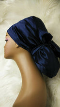 Load image into Gallery viewer, Ponytail Navy Blue  Satin SCRUB HAT CAP, nursing caps,  Pony hat for long hair, locs, braids