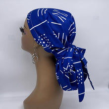 Load image into Gallery viewer, Ponytail hat PONY SCRUB CAP, royal blue white tribal surgical scrub hat pony nursing caps and satin lining option for locs, braid, long hair