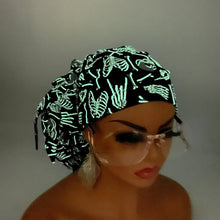 Load image into Gallery viewer, 2XL JUMBO PONY SCRUB Cap, Black/Green glow in the dark cotton fabric surgical nursing hat satin for Extra long/thick Hair/Locs