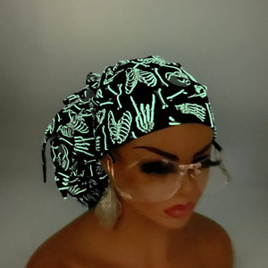 2XL JUMBO PONY SCRUB Cap, Black/Green glow in the dark cotton fabric surgical nursing hat satin for Extra long/thick Hair/Locs