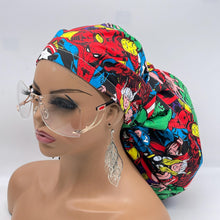 Load image into Gallery viewer, 2XL JUMBO PONY SCRUB cap. Marvel characters cotton fabric surgical nursing hat satin lining option for Extra long/thick Hair/Locs