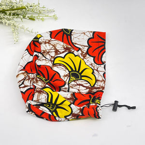 Niceroy surgical SCRUB HAT CAP,  Ankara Europe style nursing caps black yellow orange off white African print fabric and satin lining option