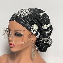 Load image into Gallery viewer, Niceroy Satin LinedSatin Lined surgical SCRUB HAT CAP, Black  off White Labeled skeleton Europe Euro style nursing caps, healthcare hats, nurse gift.