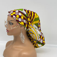 Load image into Gallery viewer, Ponytail Satin Lined PONY SCRUB CAP, Green Yellow maroon Ankara fabric surgical scrub hat  nursing caps for locs/Long Hai