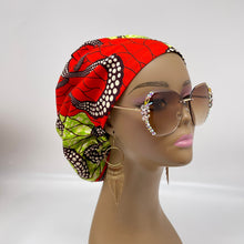 Load image into Gallery viewer, Niceroy Satin Lined surgical SCRUB HAT Cap, colorful Ankara Europe style green, Reddish orange African print fabric and .