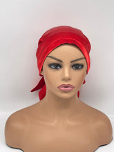 Load image into Gallery viewer, Ponytail PONY SCRUB CAP, red satin fabric surgical scrub hat pony nursing caps and satin lining option for locs /Long Hair