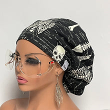 Load image into Gallery viewer, Niceroy Satin LinedSatin Lined surgical SCRUB HAT CAP, Black  off White Labeled skeleton Europe Euro style nursing caps, healthcare hats, nurse gift.