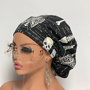 Niceroy Satin LinedSatin Lined surgical SCRUB HAT CAP, Black  off White Labeled skeleton Europe Euro style nursing caps, healthcare hats, nurse gift.