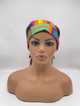 Load image into Gallery viewer, Ponytail Ankara PONY SCRUB CAP, Kente cotton fabric surgical scrub hat pony nursing caps and satin lining option for locs /Long Hair