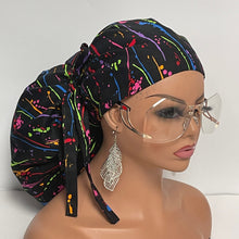 Load image into Gallery viewer, Satin lined 2XL JUMBO PONY Scrub Cap Black paint splatter cotton fabric surgical nursing hat and for Extra long/thick Hair/Locs