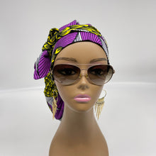 Load image into Gallery viewer, Ponytail PONY SCRUB CAP, purple and yellow Ankara cotton fabric surgical scrub hat nursing caps, satin lining option for locs/Long Hair