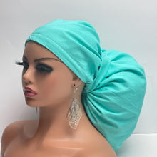 Load image into Gallery viewer, 2XL JUMBO PONY SCRUB light teal solid cotton fabric surgical nursing hat satin lining option for Extra long/thick Hair/Locs