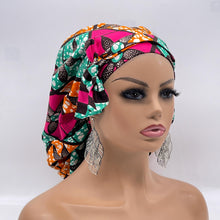 Load image into Gallery viewer, Ponytail SCRUB CAP pink and green cotton fabric surgical scrub hat nursing caps, satin lining option for long hair