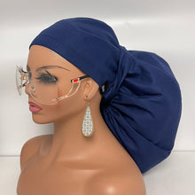 Load image into Gallery viewer, Adjustable 2XL JUMBO PONY Scrub Cap, Navy blue  cotton fabric surgical nursing hat and satin lining option for Extra long/thick Hair/Locs