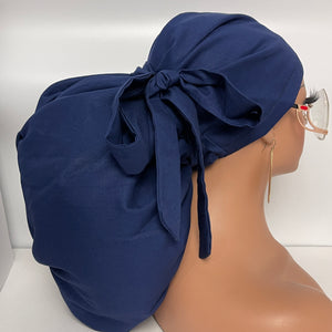 Adjustable 2XL JUMBO PONY Scrub Cap, Navy blue  cotton fabric surgical nursing hat and satin lining option for Extra long/thick Hair/Locs