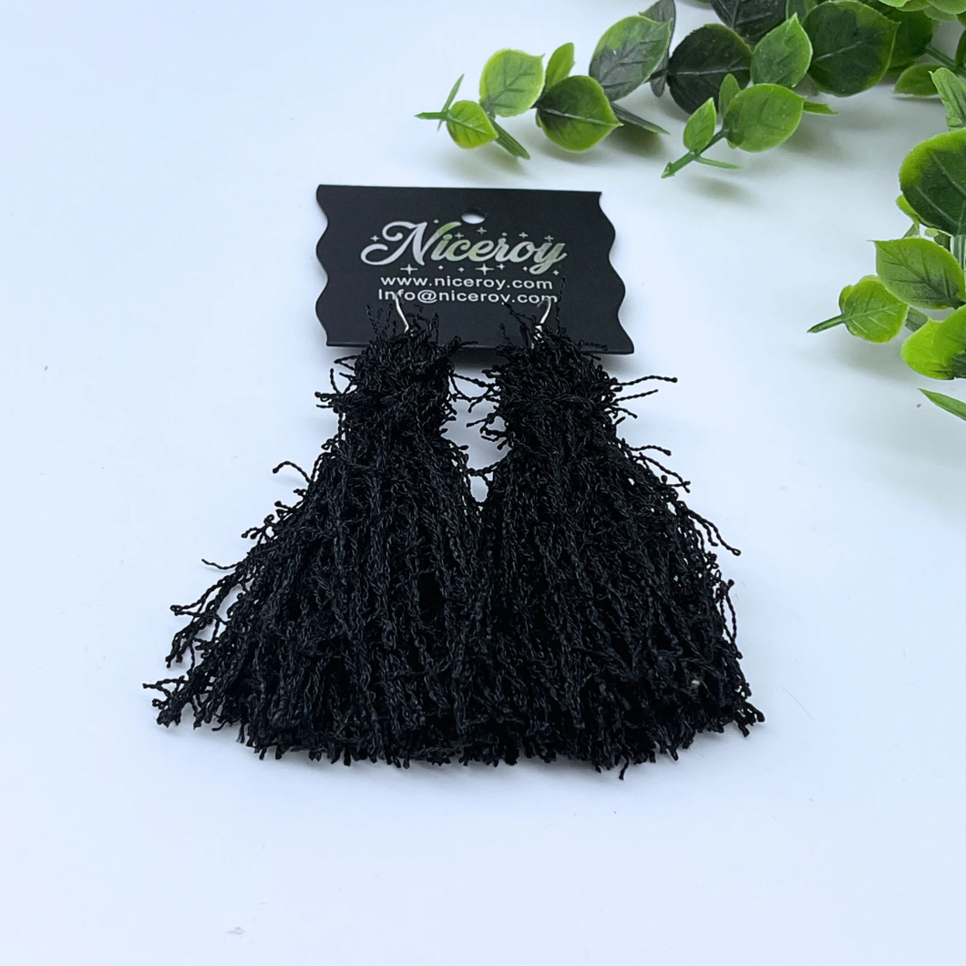 Black medium size tassel fringe earrings