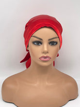 Load image into Gallery viewer, Ponytail PONY SCRUB CAP, red satin fabric surgical scrub hat pony nursing caps and satin lining option for locs /Long Hair