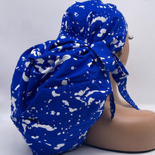 Load image into Gallery viewer, 2XL JUMBO PONY Scrub Cap, Royal blue and white surgical nursing hat and satin lining option for Extra long/thick Hair/Locs