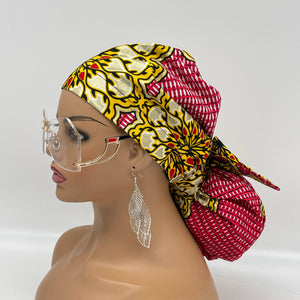 Ponytail Satin Lined PONY SCRUB CAP, Pink Yellow Gold off white Ankara fabric surgical scrub hat  nursing caps for locs/Long Hair