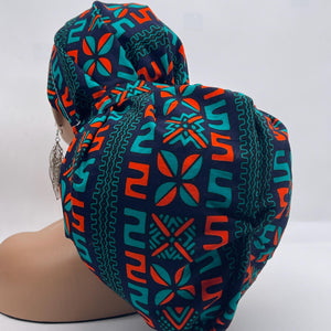 2XL JUMBO PONY Scrub Cap, Black teal orange surgical nursing hat and satin lining option for Extra long/thick Hair/Locs