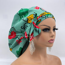 Load image into Gallery viewer, Ponytail SCRUB CAP off  green leaves cotton fabric surgical scrub hat nursing caps, satin lining option for long hair