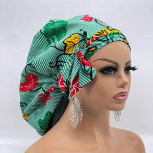 Ponytail SCRUB CAP off  green leaves cotton fabric surgical scrub hat nursing caps, satin lining option for long hair