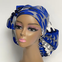 Load image into Gallery viewer, Ponytail Satin Lined PONY SCRUB CAP, Navy White Royal Blue Ankara  fabric surgical scrub hat  nursing caps for locs/Long Hair