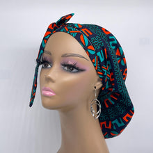 Load image into Gallery viewer, Ponytail hat PONY SCRUB CAP, black teal green orange surgical scrub hat nursing caps and satin lining option for locs, braid, long hair