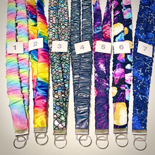 Load image into Gallery viewer, Handmade Scrunchie Lanyard and Keychain: cotton Silk and stretchy Fabrics.