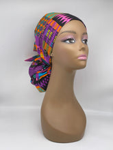 Load image into Gallery viewer, Ponytail Ankara PONY SCRUB CAP, Kente cotton fabric surgical scrub hat pony nursing caps and satin lining option for locs /Long Hair