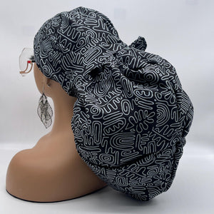 2XL JUMBO PONY SCRUB Cap, Black Gray cotton fabric surgical nursing hat satin lining option for Extra long/thick Hair/Locs