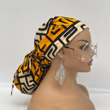 Load image into Gallery viewer, Ponytail Ankara PONY SCRUB CAP, Yellow  black cream cotton fabric surgical scrub hat, pony nursing caps for locs, braid, long hair